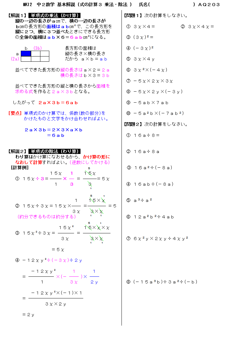 中学２年数学 基本解説 問題プリント 式の計算３ 乗法・除法