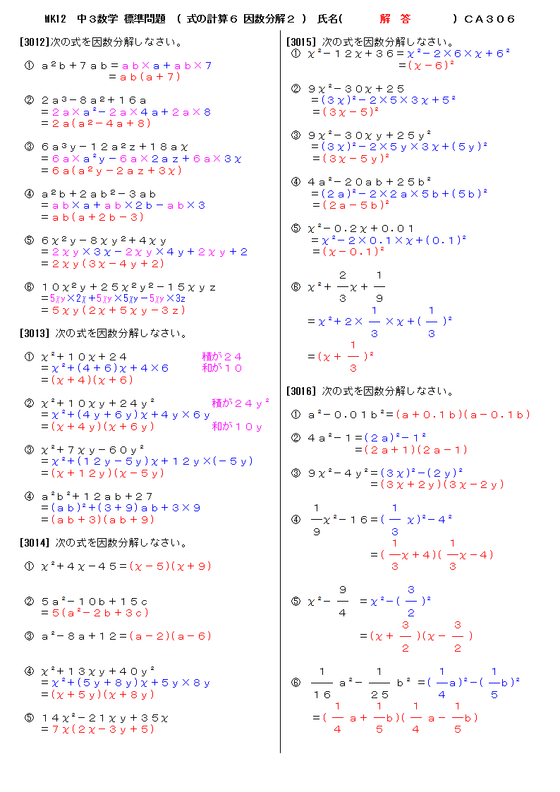 無料 中３数学 標準問題 解答プリント 306 式の計算６ 因数分解２